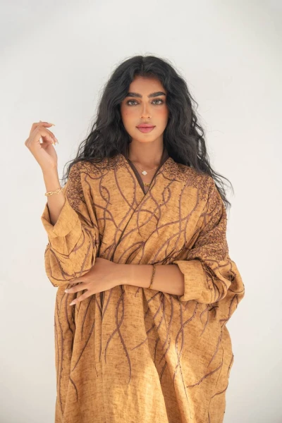 Orange linen bisht abaya with embroidery C:6648