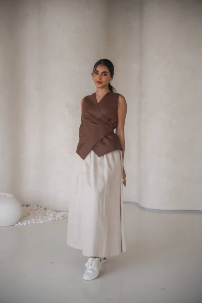 Linen blouse and skirt set C:205 Brown-Beige
