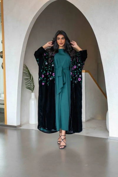Black velvet abaya with floral embroidery C:6559 Green