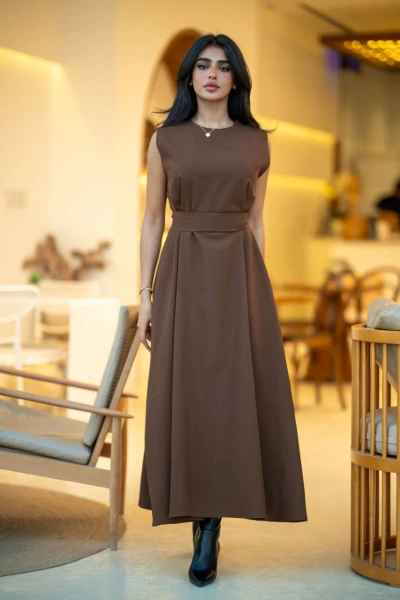 فستان كريب بلون البني C:105 Brown