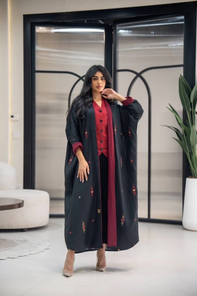 عباية بشت بخام لينن باللون الاسود مع تطريز C:6622 Black