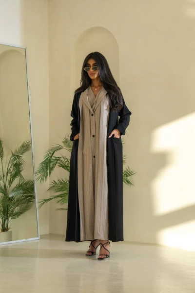 Black and beige striped blazer abaya C:6545 Striped beige