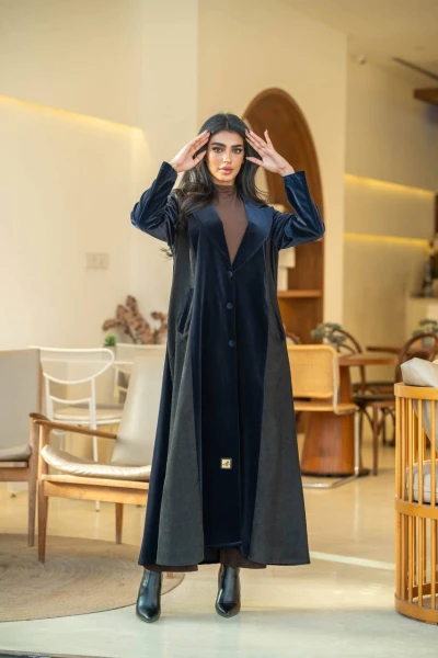 عبايه بليزر مخمل كريب كحلي مطعم بخمل مضلع اسود C:6582  Navy