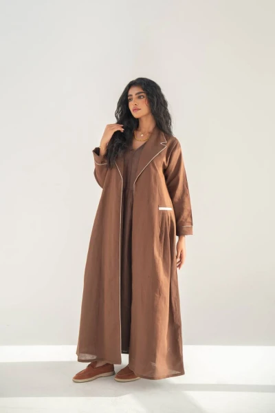 Blazer abaya with dress, brown, linen C:6652