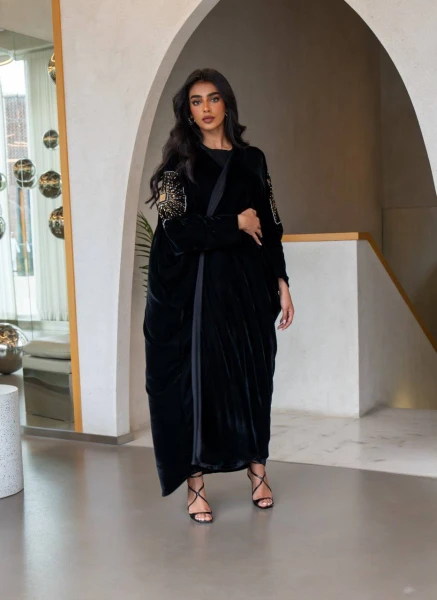 Black velvet abaya with hand embroidery C:6561