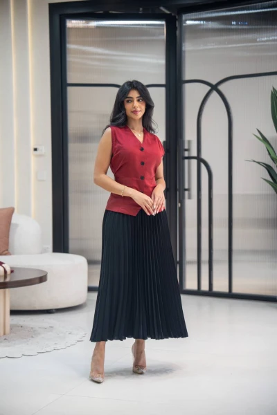 فستان بخام لينن مع كريب C:152 Red-Black