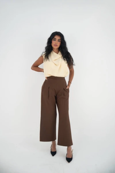 طقم  بلوزة و بنطلون لينن C:150 Beige brown
