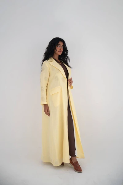 Butter yellow linen blazer abaya with hand embroidery C:6646
