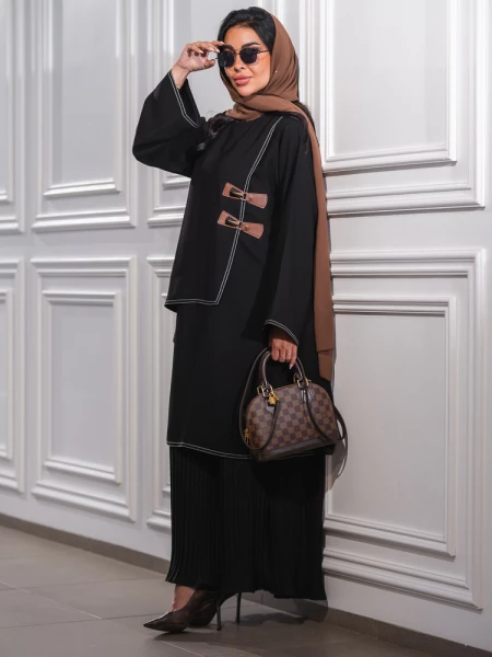طقم عبايه قطعتين بلوزه مع فستان C:6455 BLACK