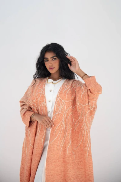 عباية بشت لينن باللون البرتقالي مع شك و تطريز C:6648 Orange