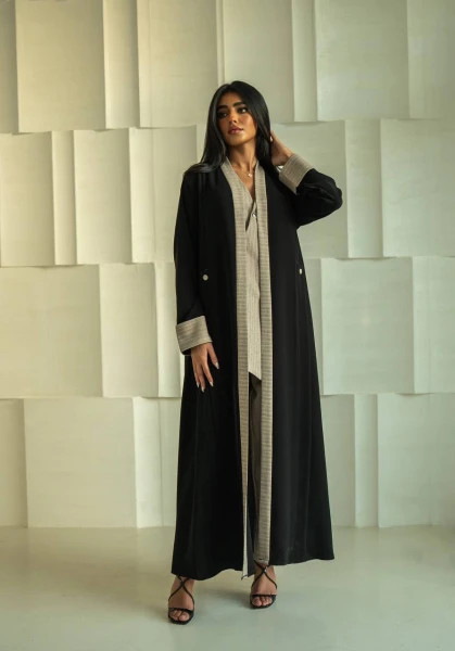 Black Abaya with beige Striped  C:6529 Striped beige