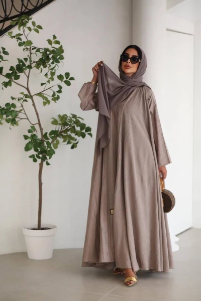 Beige Crepe Abaya C:6528 Beige