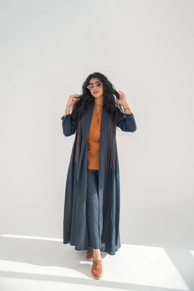 Navy blue linen abaya with inner set C:6637 Blue