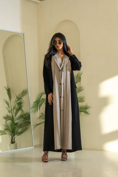 Black and beige striped blazer abaya C:6545 Striped beige