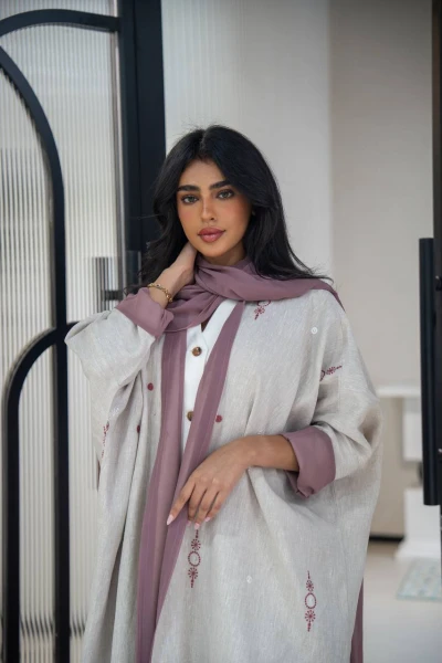 Light beige linen abaya with embroidery C:6622 Beige
