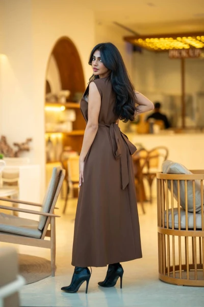 فستان كريب بلون البني C:105 Brown