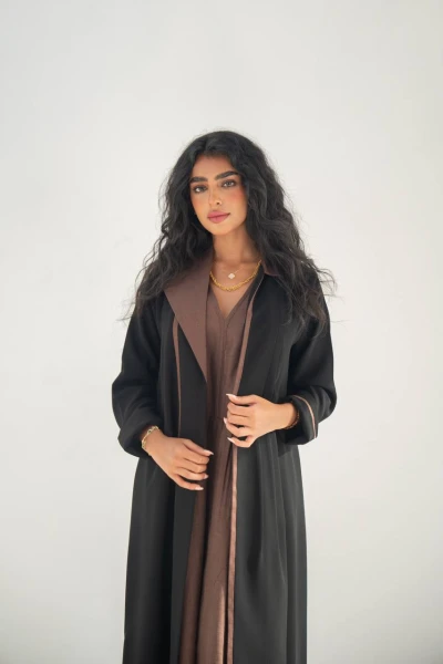 عباية كريب باللون الاسود مع فستان لينن بني C:6636 Black Crape
