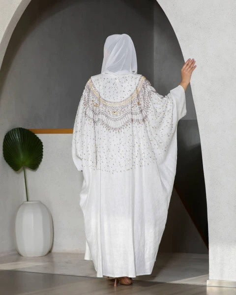 Abaya Bisht in white crepe with hand embroidery C:6361 White