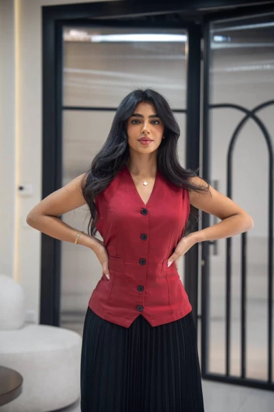 فستان بخام لينن مع كريب C:152 Red-Black
