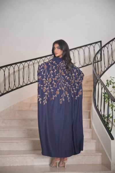 Navy Linen Bisht with Embroidery C:6595