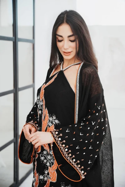 بشت بخام خيشة مع فستان لينن باللون الاسود C:6592 Black