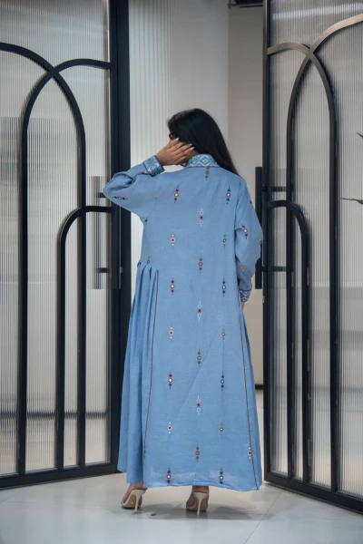 Sky blue linen abaya with embroidery C:6623 Blue
