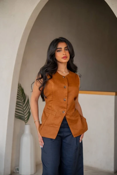 Navy blue pants and camel linen vest set, C:202 Camel-Black