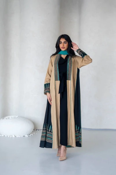 Linen beige abaya with embroidery C:6588 Beige