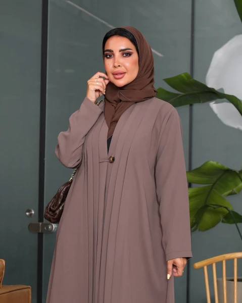 Kufic Crepe Abaya with Pleated Front C:6539 Coffee