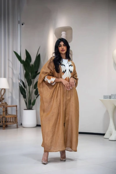 Camel-colored burlap bisht abaya with embroidery C:6621