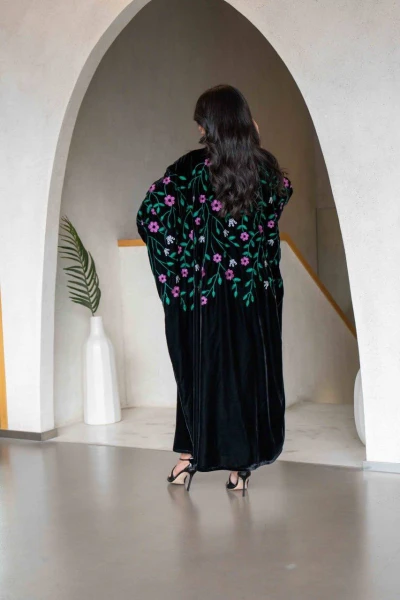 Black velvet abaya with floral embroidery C:6559 Green