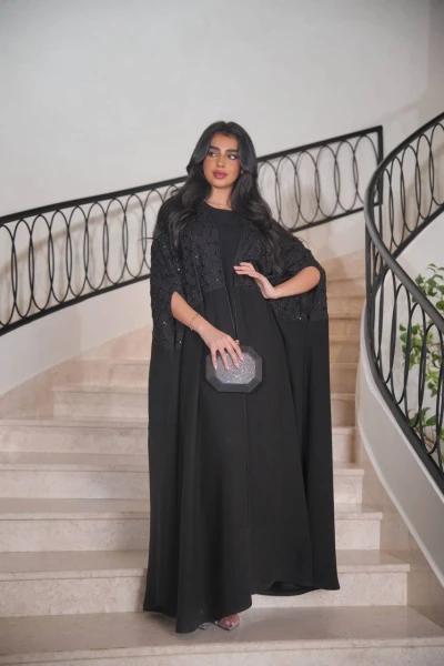 دراعة لينن مع شك يدوي مع اندماج خام كريب من الاسفل C:6615 Black