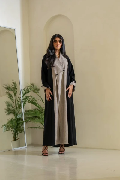 Black Crepe Abaya with Beige Striped C:6510 Striped beige