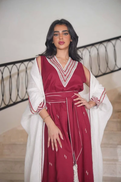 White burlap bisht with burgundy linen dress with embroidery C:6613