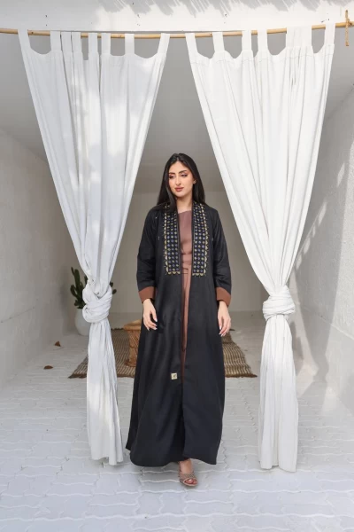 ABAYA BLACK LINEN WITH HANDMADE BEAT  C:6426