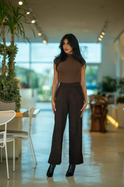 بنطلون مخمل مضلع بلون البني C:194 Brown