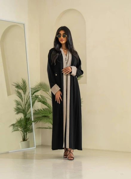 Black Abaya with beige Striped  C:6529 Striped beige