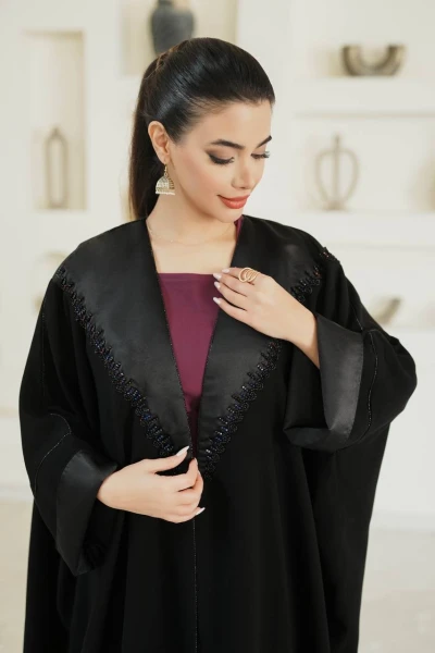 عباية كريب مع ستان باللون الاسود مع شك C:6599 Black