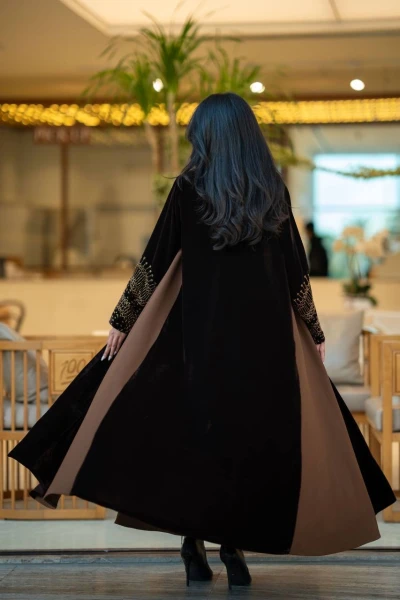 Black velvet abaya with brown crepe  6579