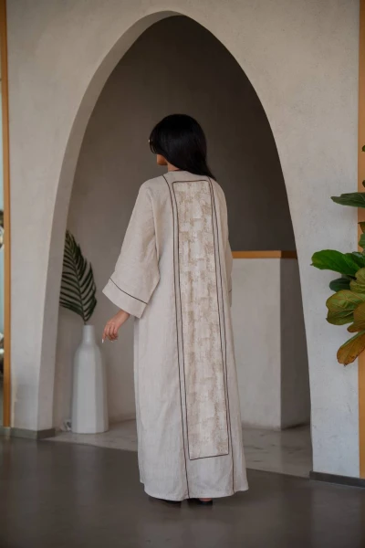 Abaya with inner set, beige, linen C:6635