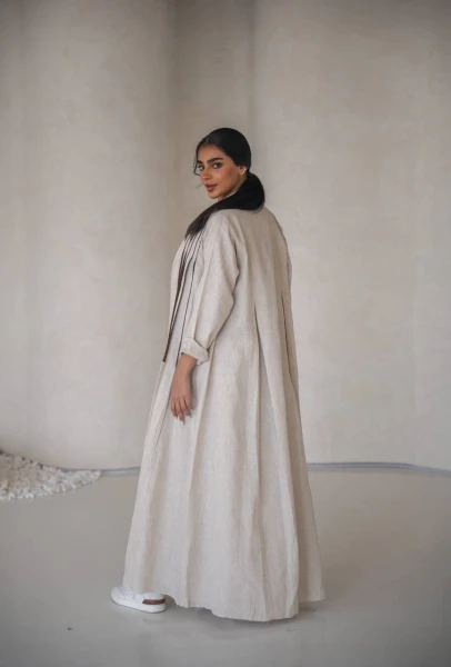 عباية مع بلوزة و تنورة بخام لينن الطبيعي  C:6637 Beige