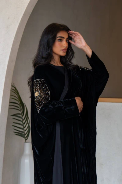Black velvet abaya with hand embroidery C:6561
