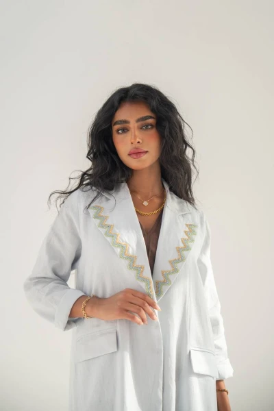 Linen blazer abaya, sky blue with hand embroidery C:6651