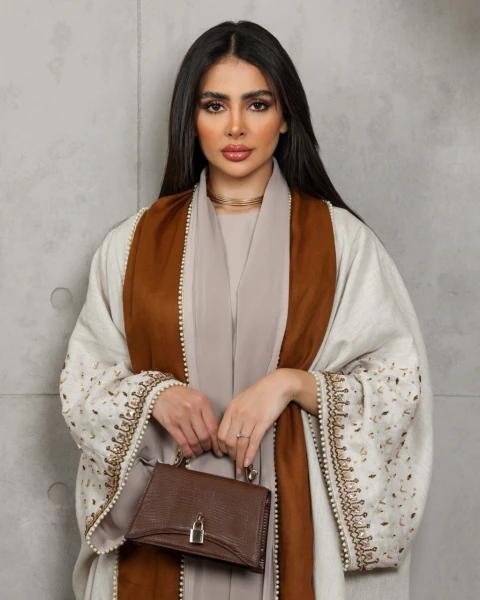 Abaya with beige linen material and camel design with embroidery C: 6453beage