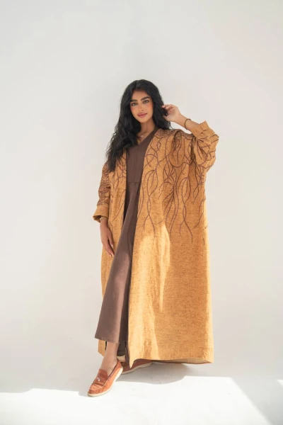 Orange linen bisht abaya with embroidery C:6648