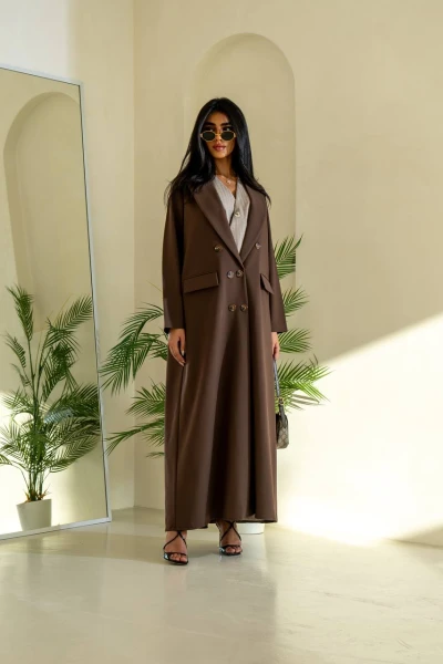 Blazer abaya with inner set, crepe fabric C:6552 Brown