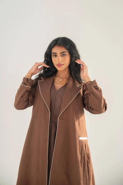 Blazer abaya with dress, brown, linen C:6652