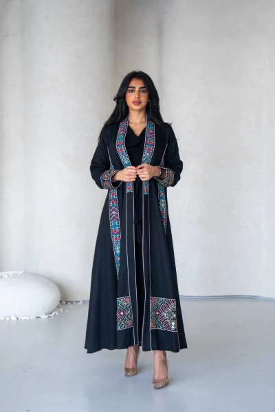 Linen abaya in black with embroidery C:6589 Black